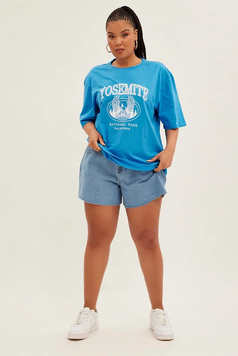 Classic Crew Neck Lightweight Feel Blue Graphic T-shirt Short Sleeve Crew Neck