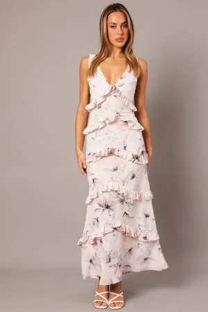 Light Glow Dome Glow Pink Floral Maxi Dress Tiered Ruffles