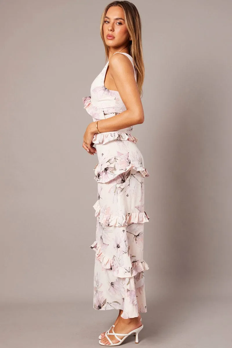 Pink Floral Maxi Dress Tiered Ruffles Mesh Glow