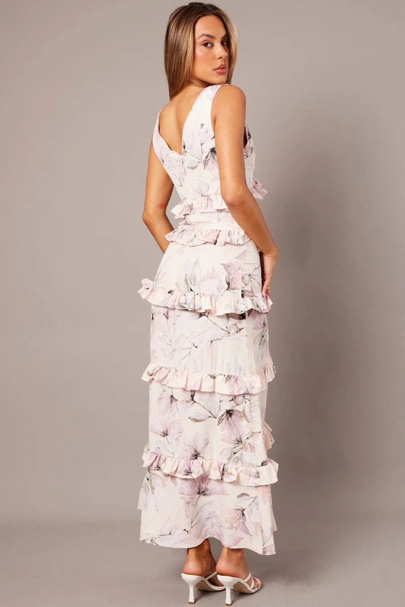 Pink Floral Maxi Dress Tiered Ruffles Island Edge