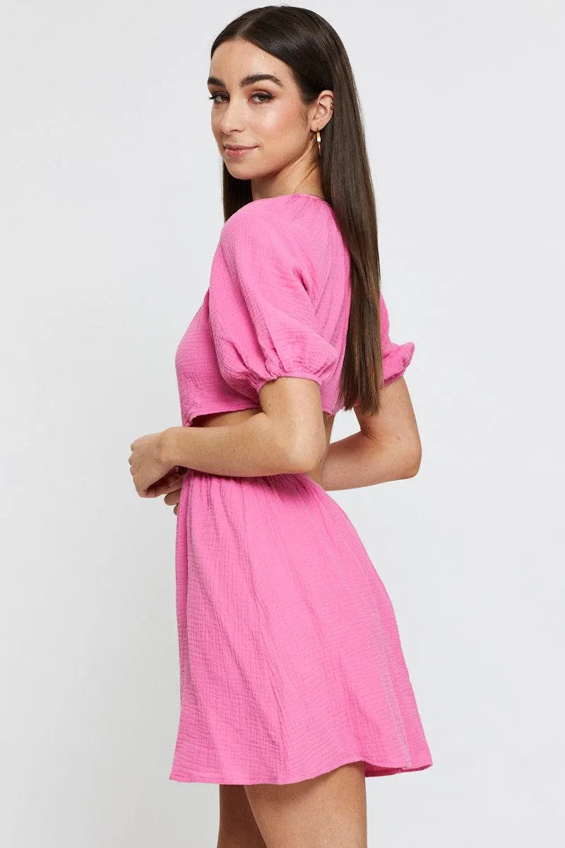 Light Touch Casual Chic Wear Pink Mini Dress Short Sleeve Round Neck