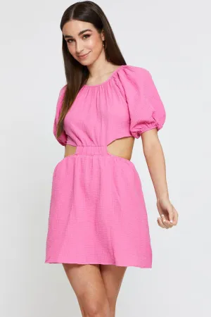 Floral Design Wear Beat Light Pink Mini Dress Short Sleeve Round Neck