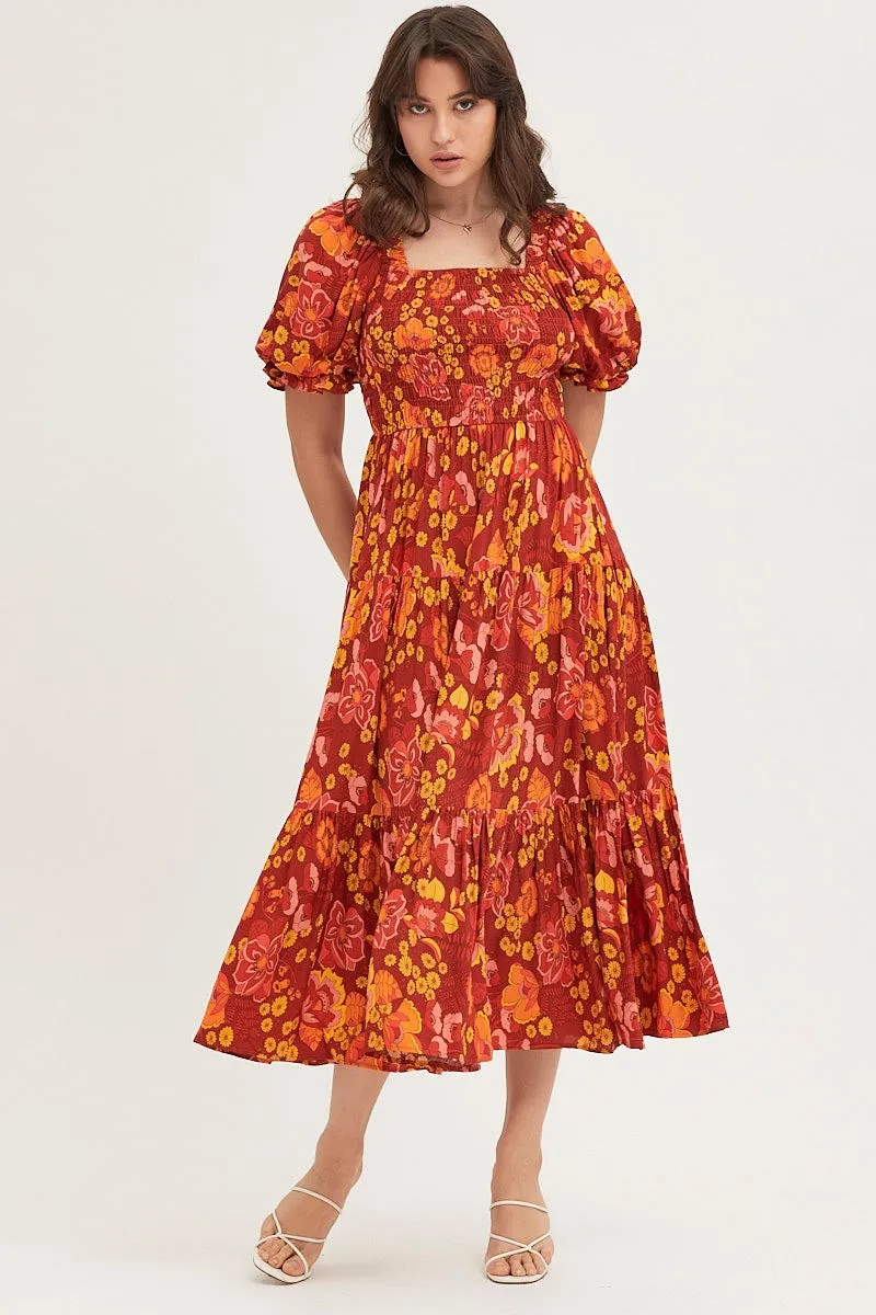 Calm Air Shell Glow Print Maxi Dress Short Sleeve