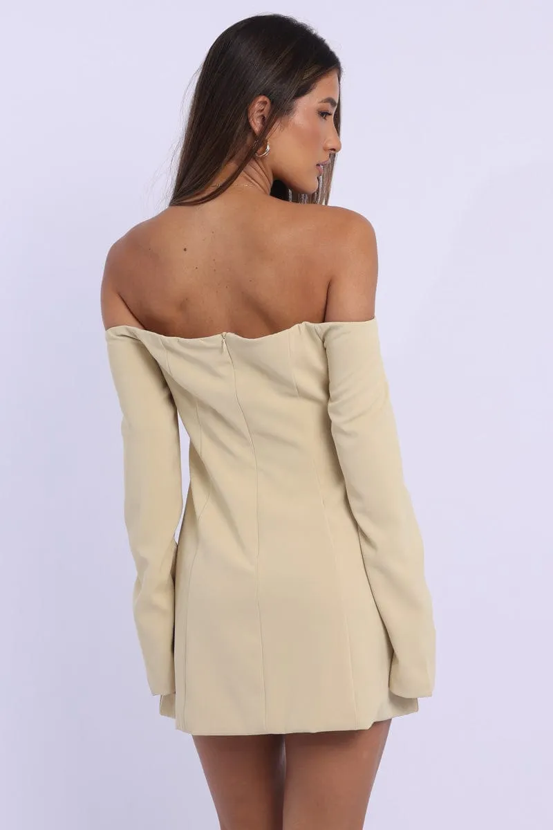 Yellow Off Shoulder Mini Dress Long Sleeve Flirty Design