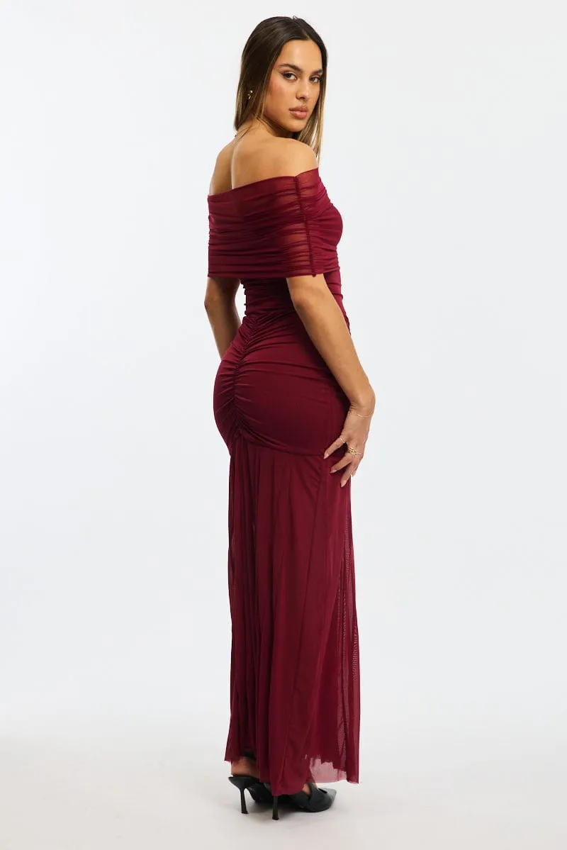 Mustard Pop Applique Glow Red Off Shoulder Maxi Dress Mesh