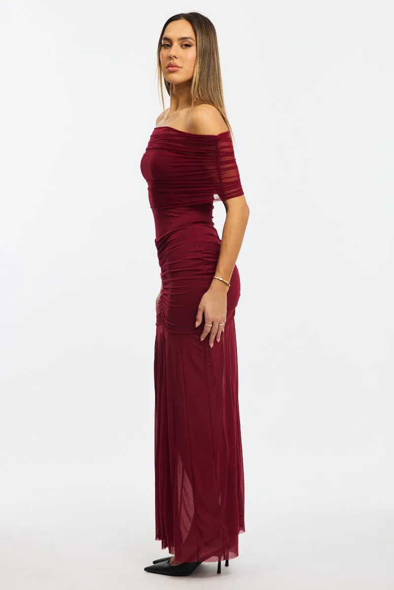 Ruffle Hem Red Off Shoulder Maxi Dress Mesh