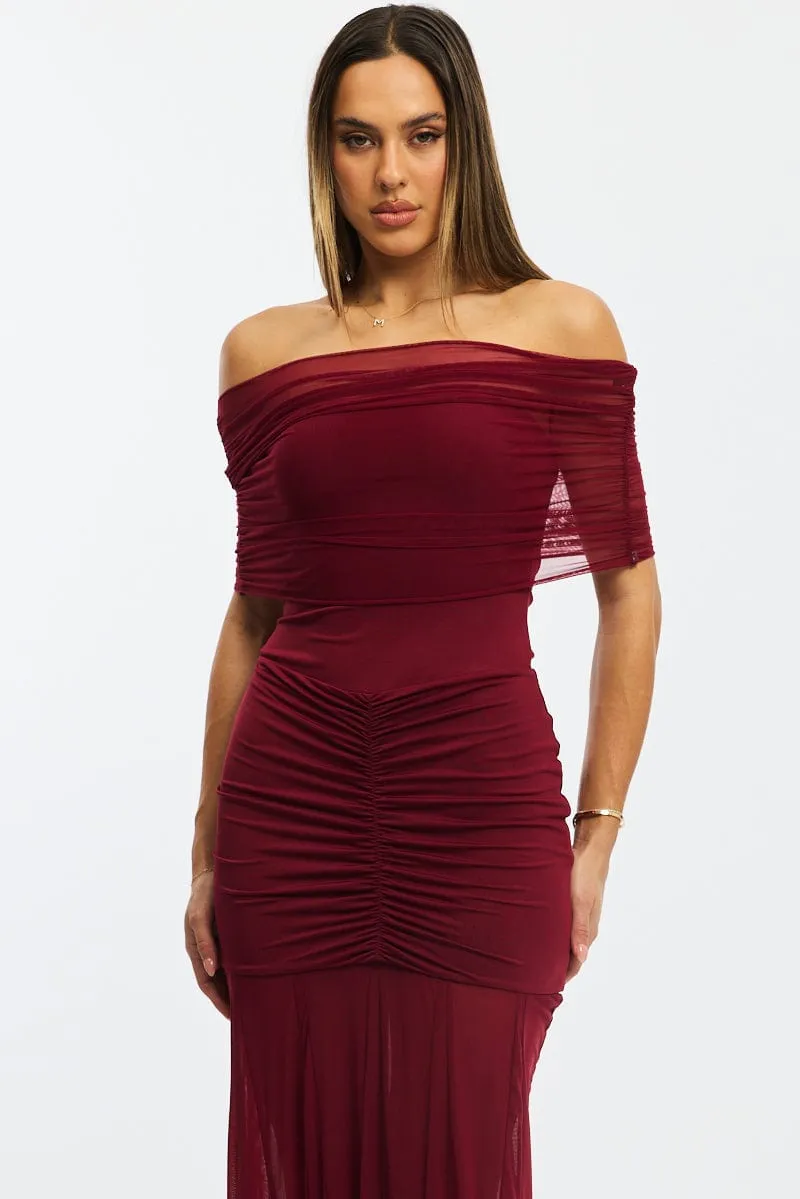 Calm Mind Red Off Shoulder Maxi Dress Mesh