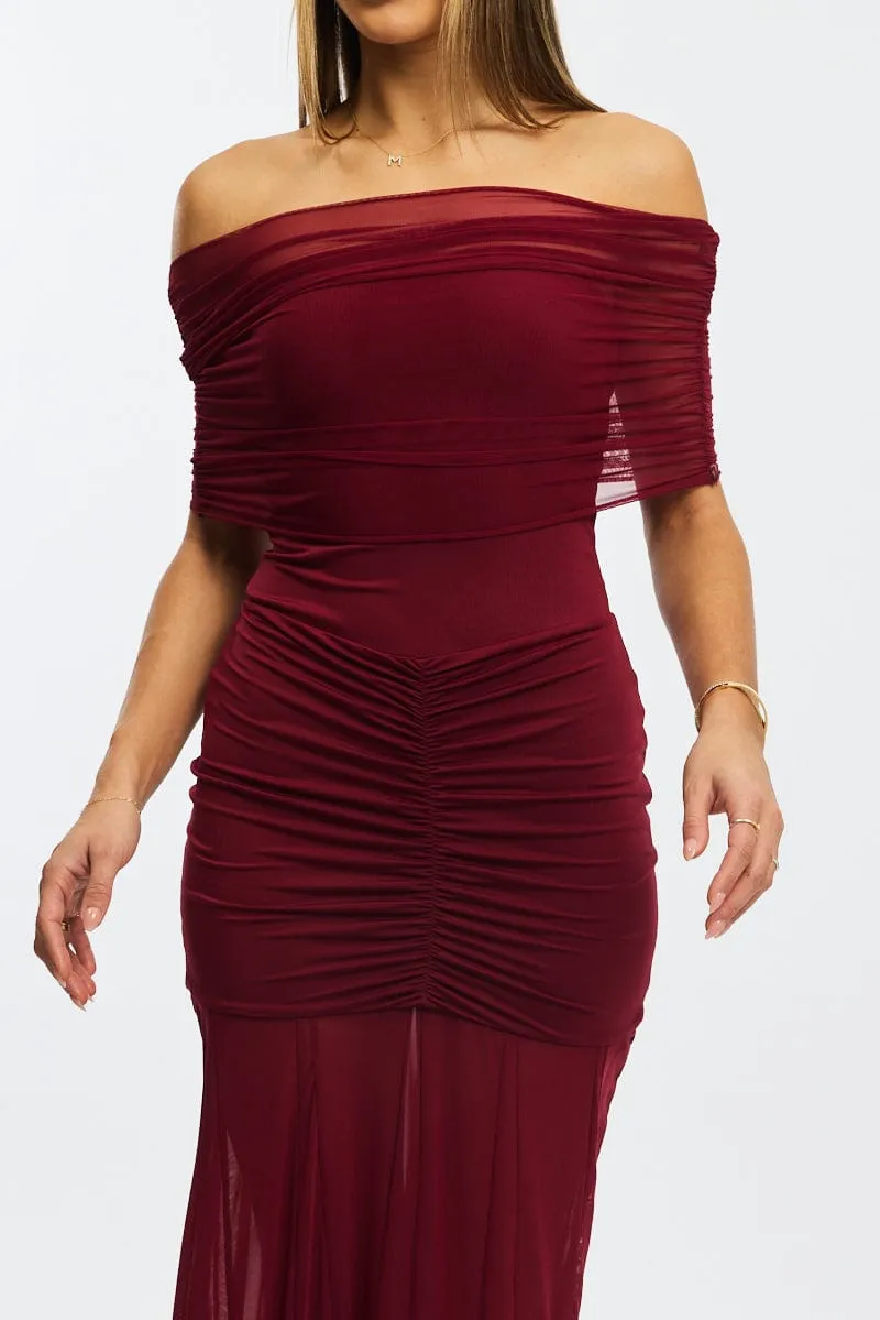 Red Off Shoulder Maxi Dress Mesh Alpine Glow