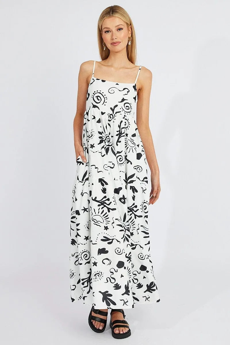 Purple Mist Square View White Abstract Maxi Dress Strappy Tiered