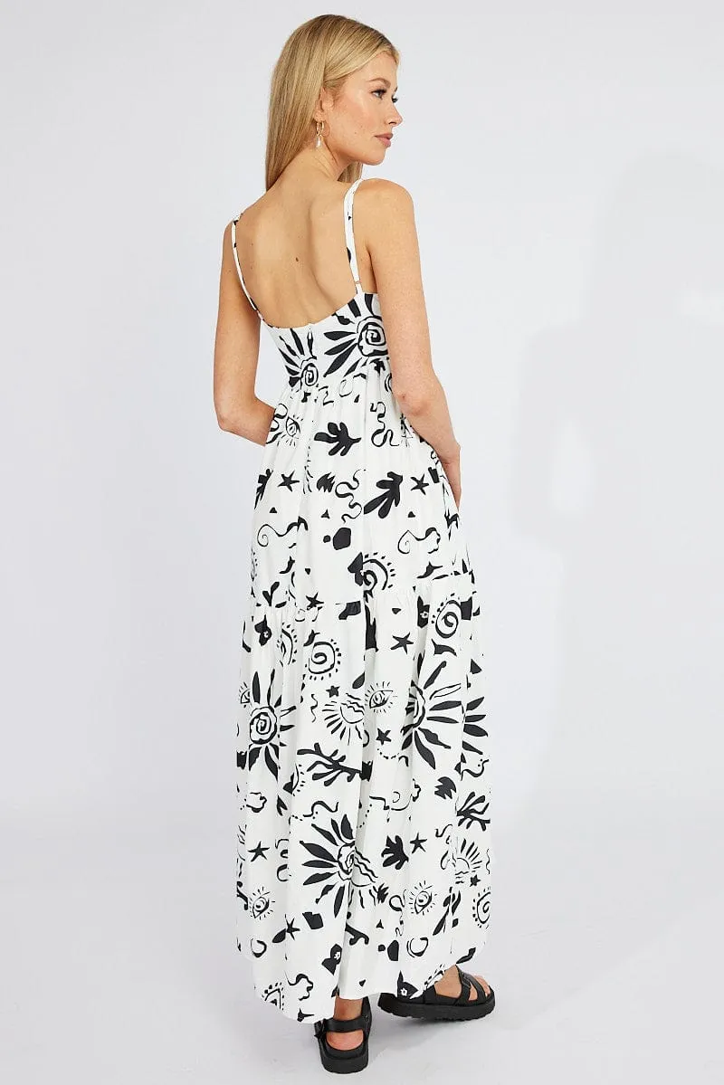 White Abstract Maxi Dress Strappy Tiered Pool side