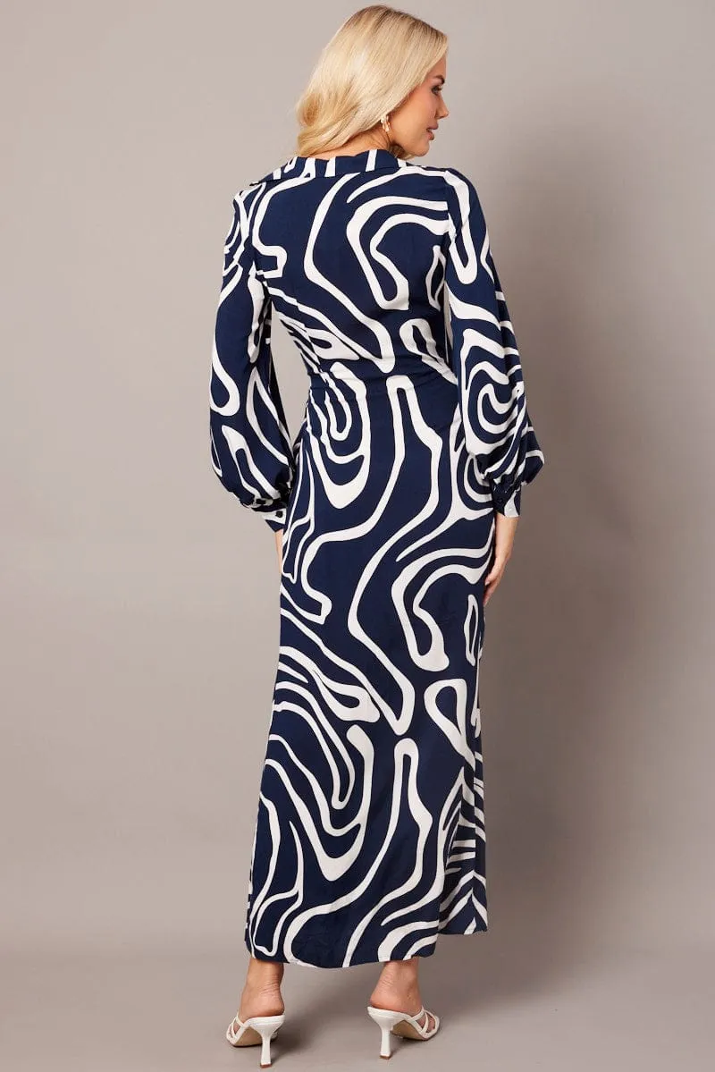 Comfortable weekend dress Blue Abstract Wrap Maxi Dress Shirt Dress