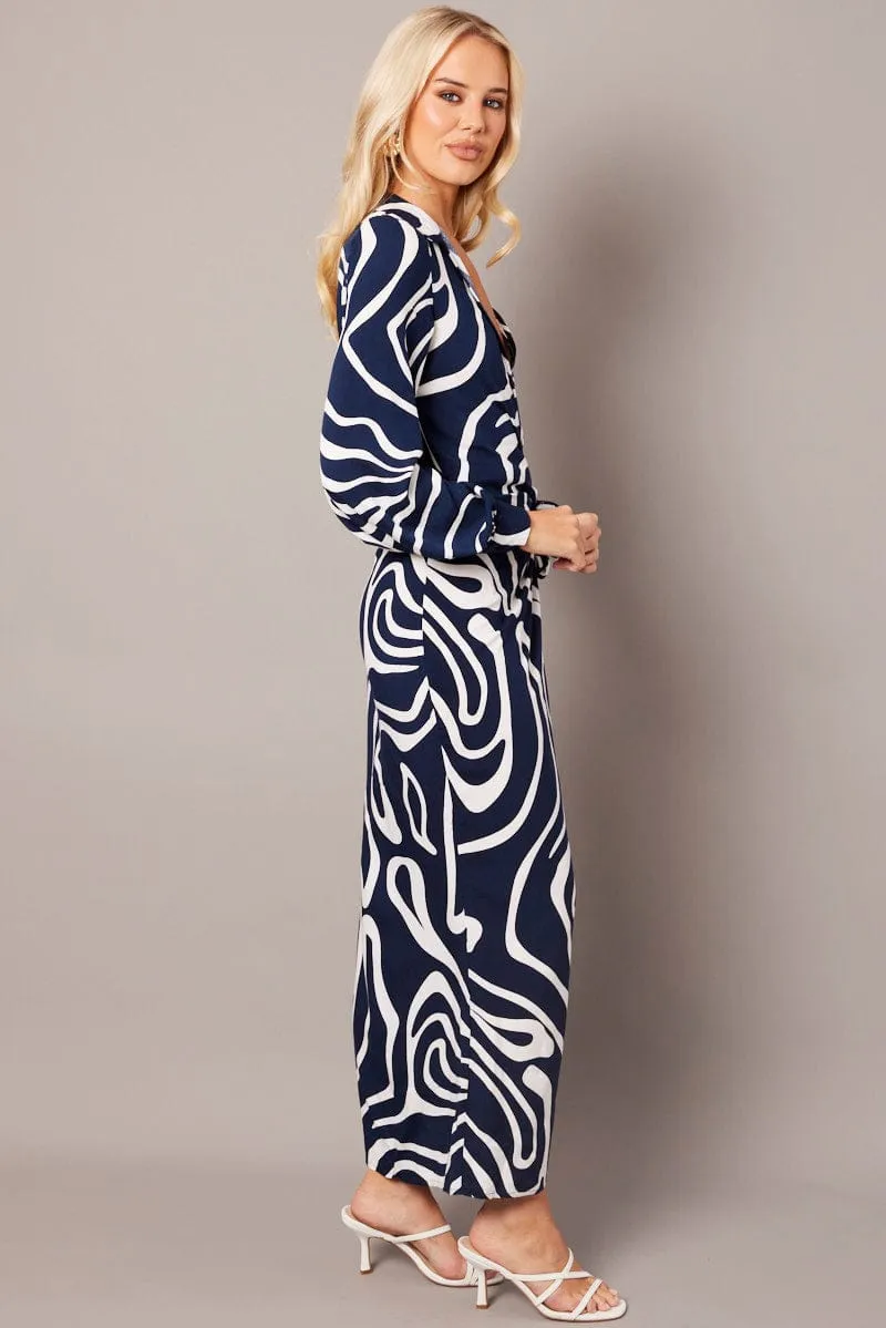 Lily Bloom Blue Abstract Wrap Maxi Dress Shirt Dress