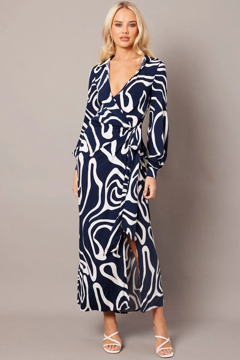 Blue Abstract Wrap Maxi Dress Shirt Dress Light and breathable fabric