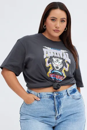 Reinforced Collar Simple Comfort Grey Oversized T-shirt Festival Graphic Cotton