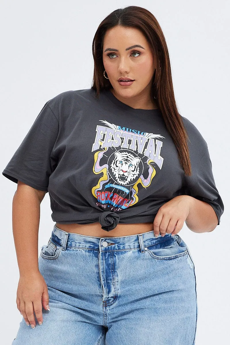 Urban Style Trend Grey Oversized T-shirt Festival Graphic Cotton