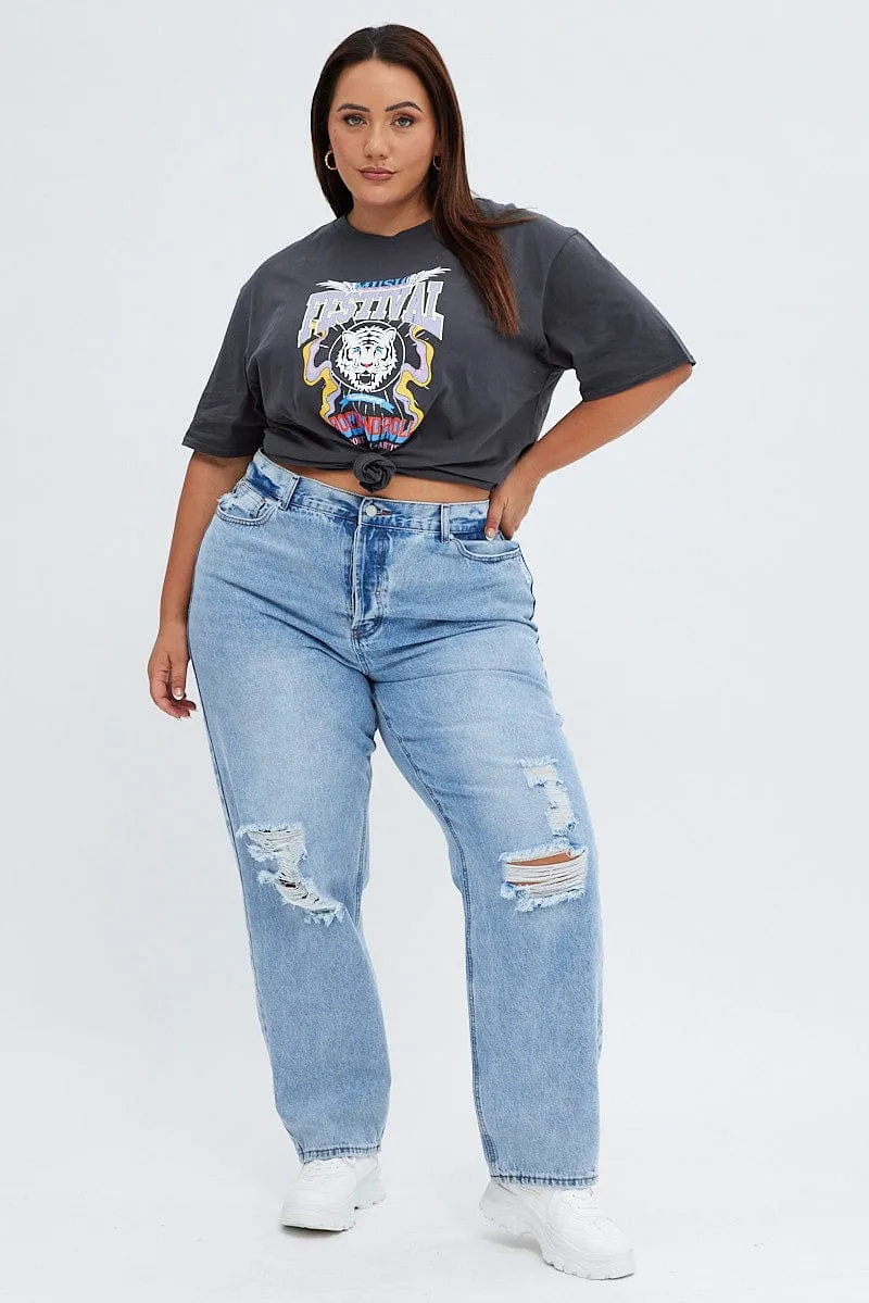 Lint Resistant Surface Grey Oversized T-shirt Festival Graphic Cotton