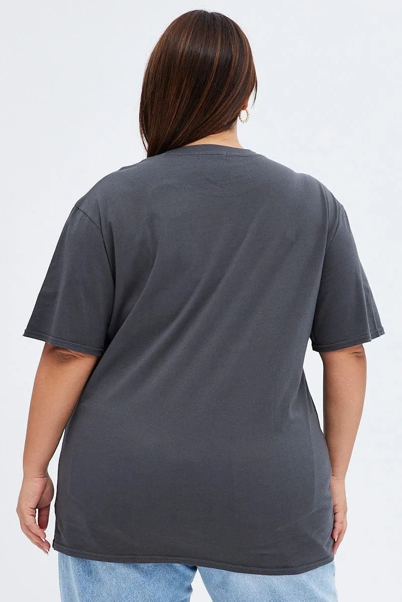 Smooth Flatlock Stitching Grey Oversized T-shirt Festival Graphic Cotton