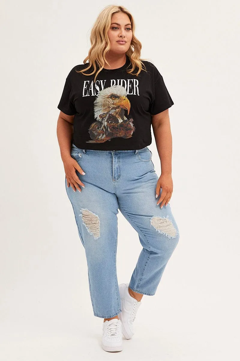Fun and Comfortable WrinkleResistant Texture Black Crop T-shirt Short Sleeve Easy Rider Cotton