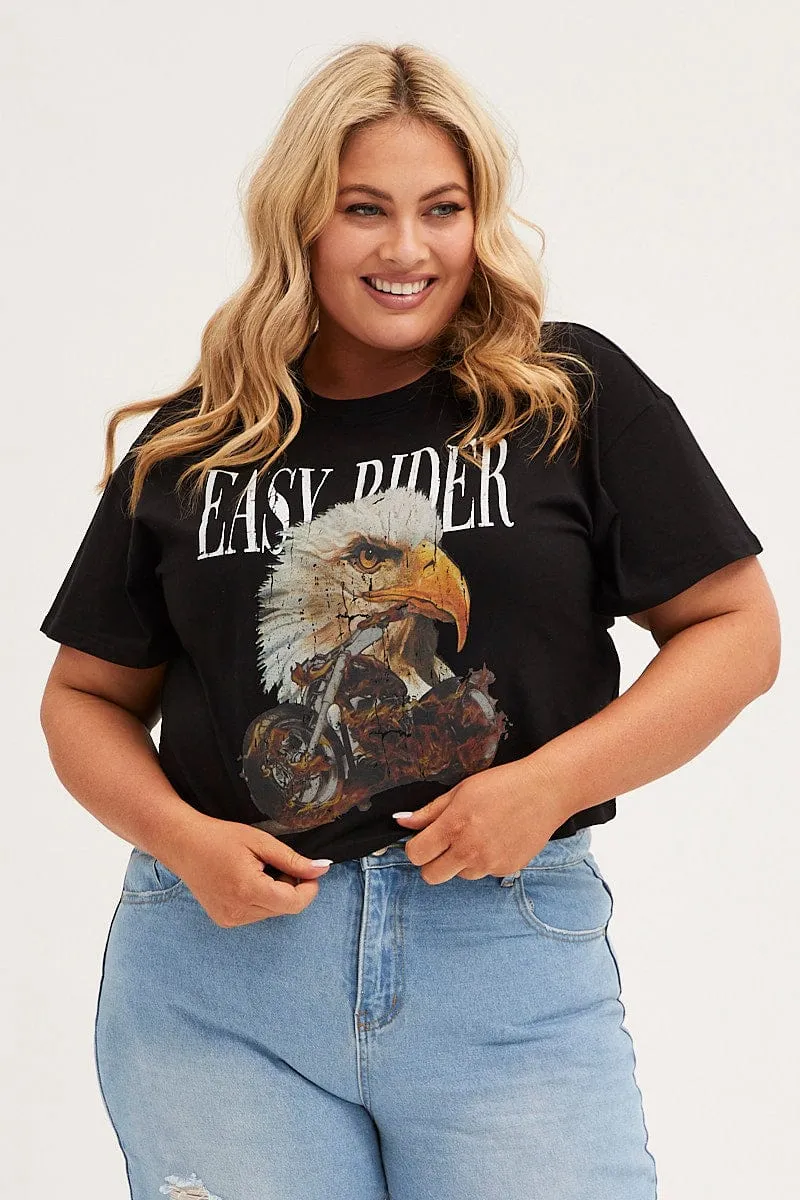 Black Crop T-shirt Short Sleeve Easy Rider Cotton Daily Fashion