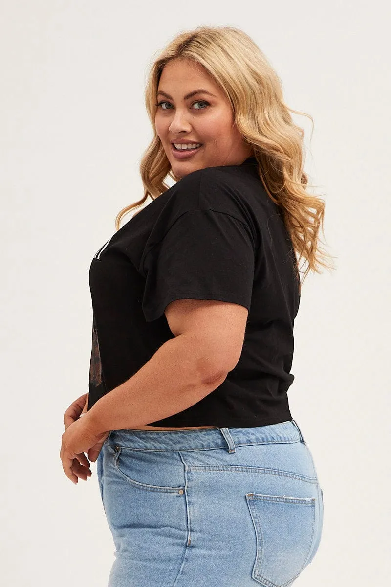 Black Crop T-shirt Short Sleeve Easy Rider Cotton Circular Knit Design