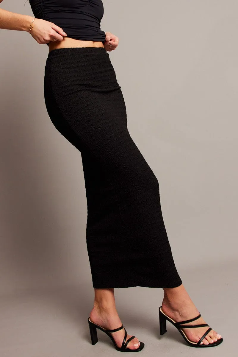 Front Slit Minimalist Trim Black Midi Skirt High Rise Textured Jersey