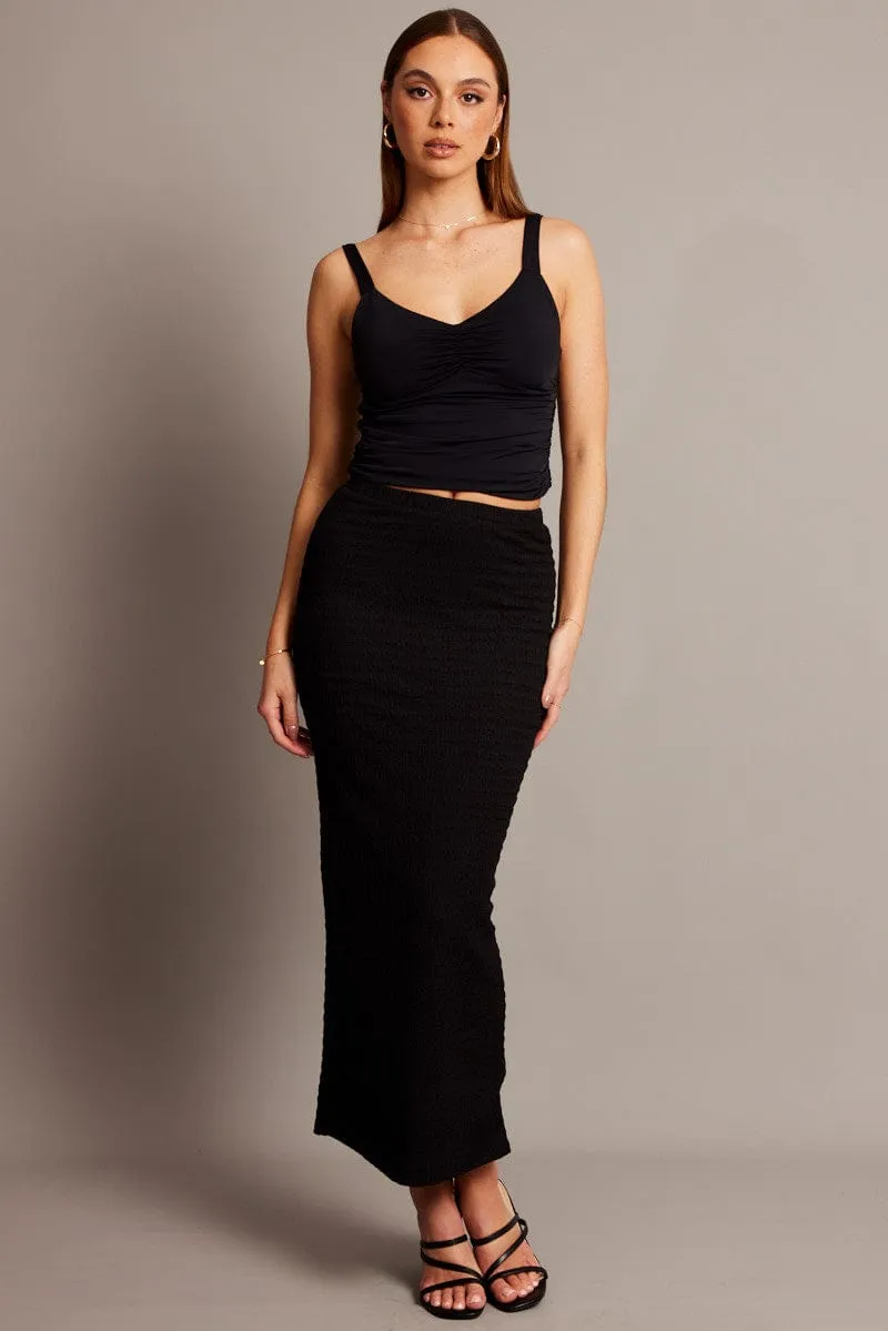 Black Midi Skirt High Rise Textured Jersey Minimalist Layering Organic Cotton