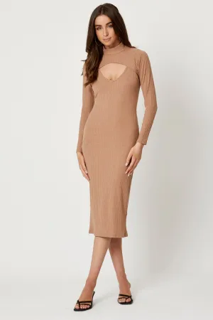 Elegant Tunic Lift Mode Beige 2 In 1 Midi Long Sleeve Rib Dress