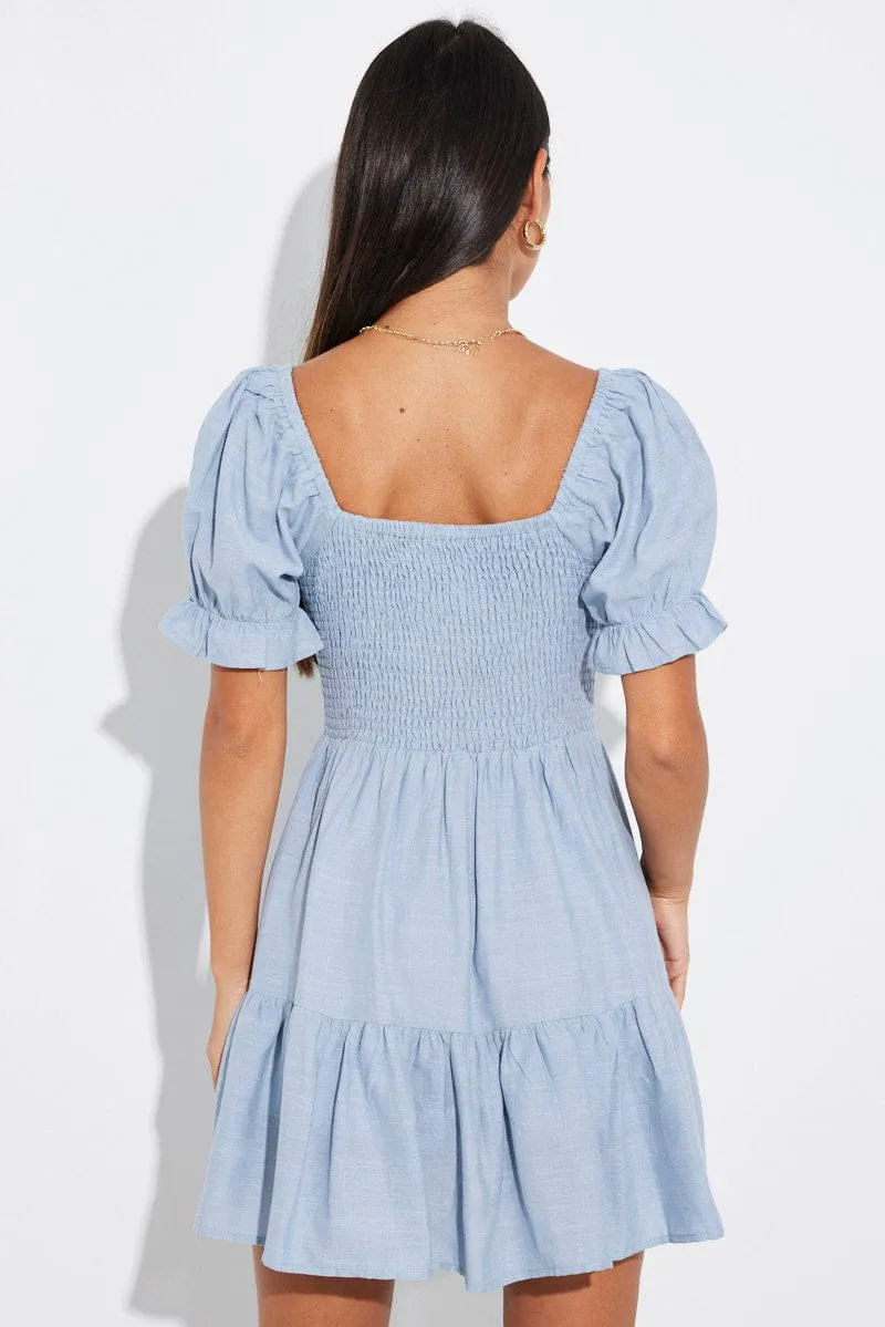 OdorResistantClothing Comfortable fit Blue Fit and Flare Dress Short Sleeve Linen Blend