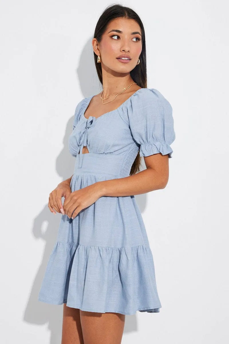 Activewear Clothing Thick Glow Blue Fit and Flare Dress Short Sleeve Linen Blend