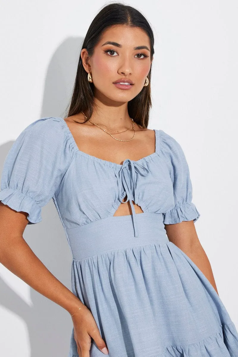 Stylish Hat retro look Blue Fit and Flare Dress Short Sleeve Linen Blend