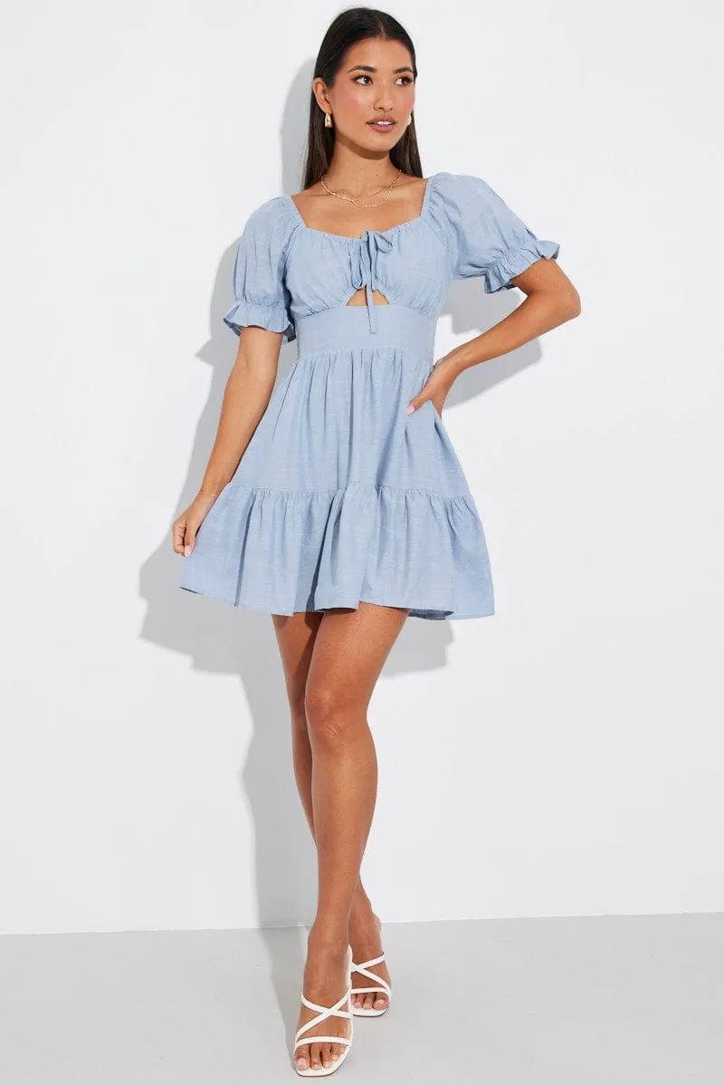 Blue Fit and Flare Dress Short Sleeve Linen Blend Lightweight Composite Clear Glow
