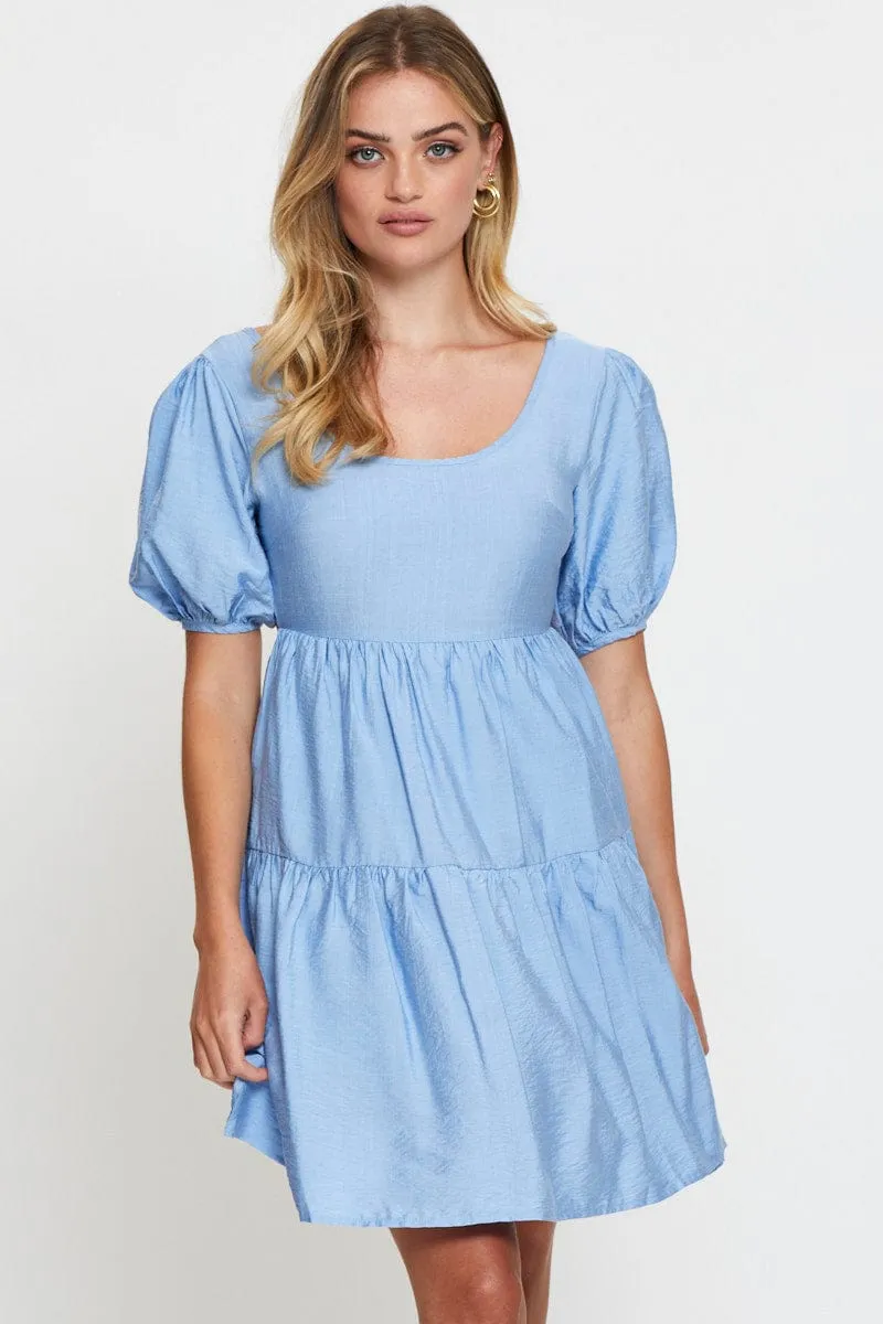 Blue Fit And Flare Dress Short Sleeve Open Back UVProtection Coating