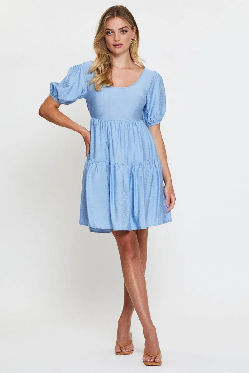 Legend Glow Blue Fit And Flare Dress Short Sleeve Open Back