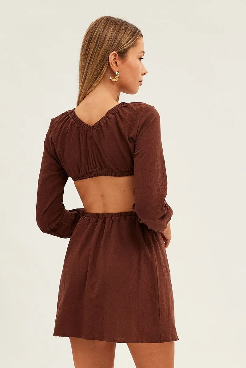 Brown Ring Detail Linen Dress Fine Weave