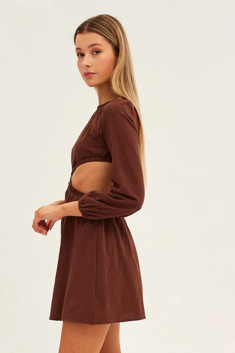 Loose Thread Brown Ring Detail Linen Dress