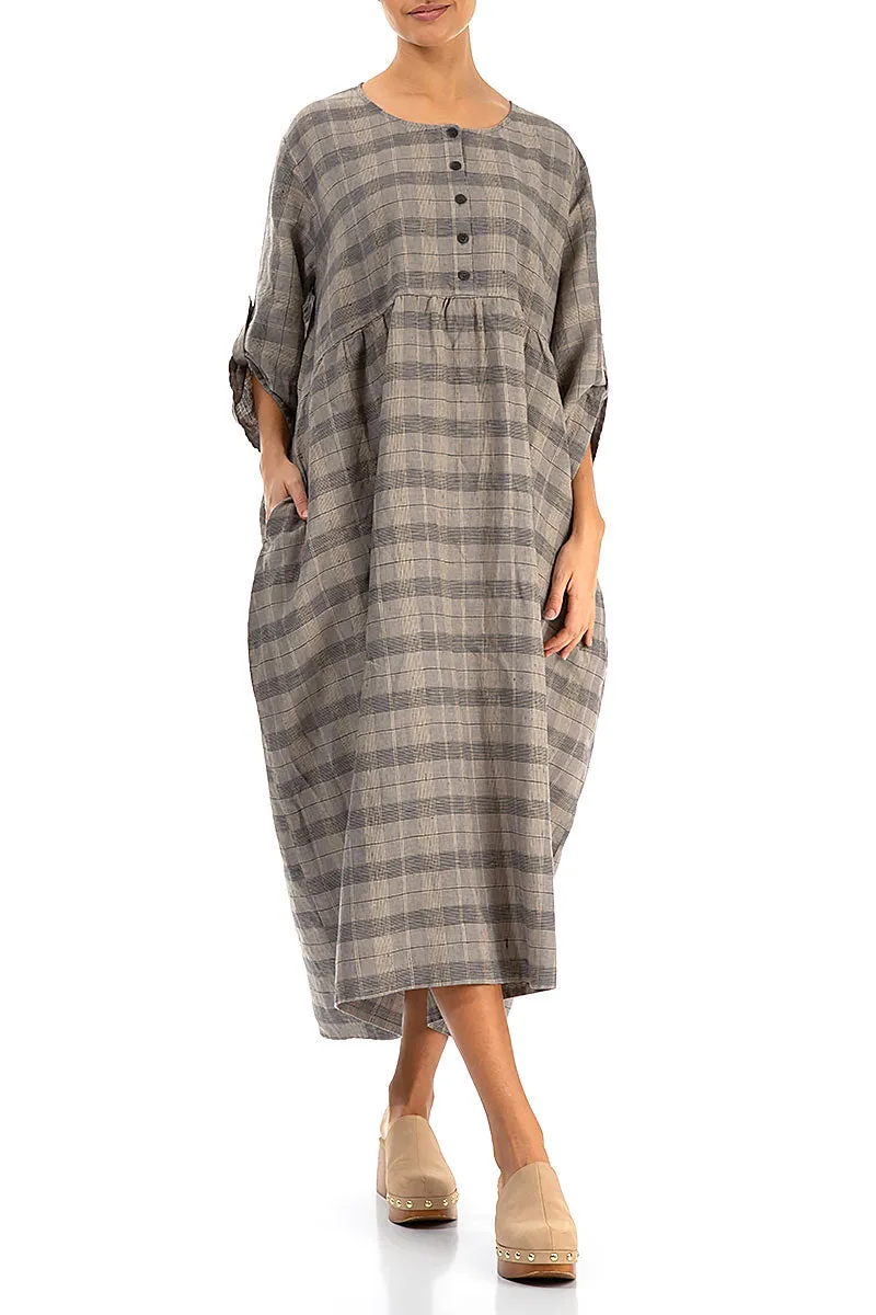 Buttoned Greige Check Linen Dress Nordic Light