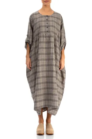 Buttoned Greige Check Linen Dress Linen Soul Handmade Glow