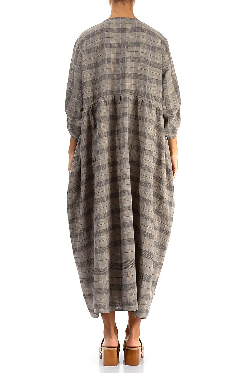 Buttoned Greige Check Linen Dress Sheer Glow Stretch Fabric