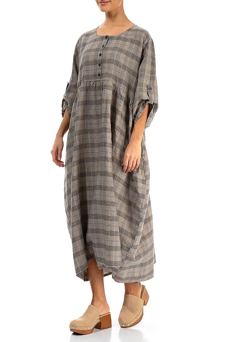 Buttoned Greige Check Linen Dress Harbor Style Simple Fashion