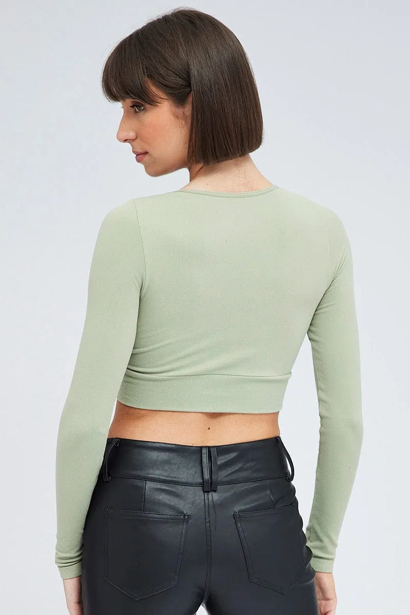 Green Cut Out Top Long Sleeve Crew Neck Seamless Stylish Jacket