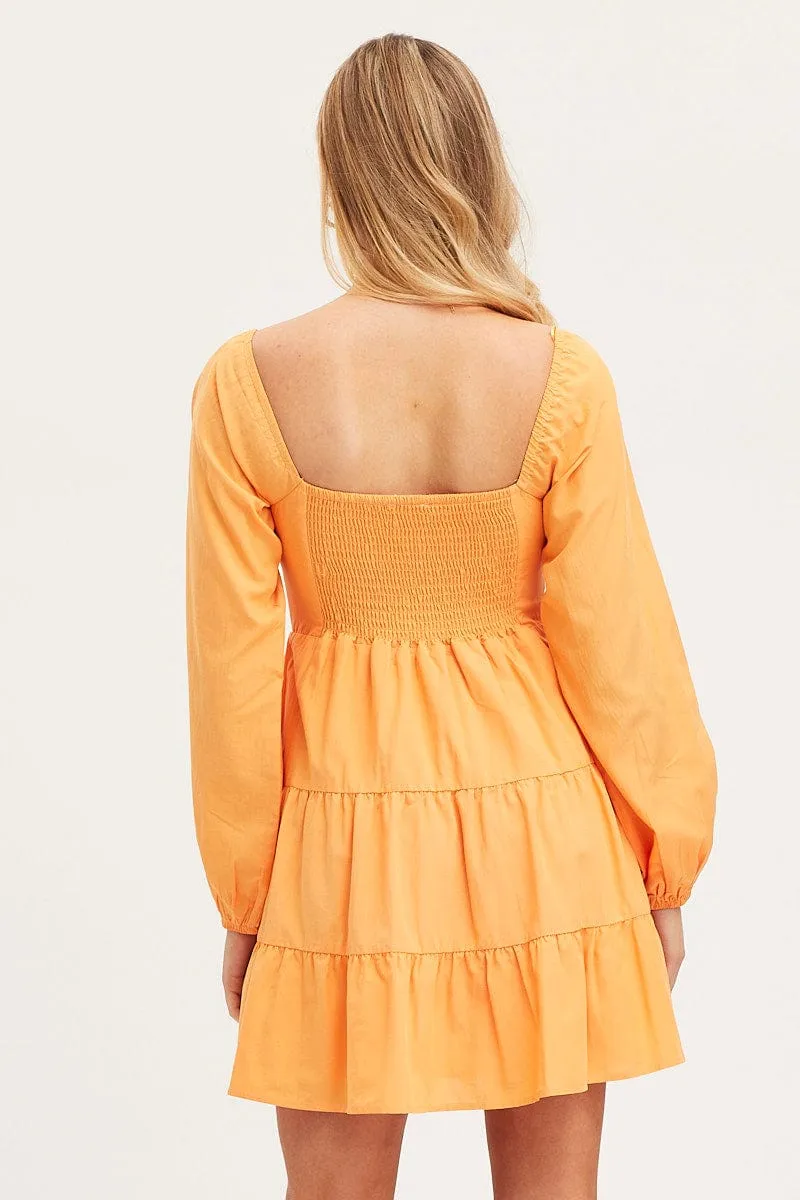 Orange Fit And Flare Dress Long Sleeve Square Neck FrictionReducing Lining NonSlipTrim