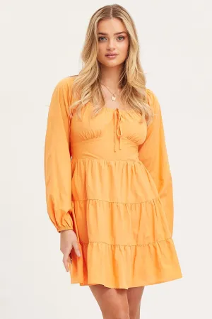 Daily Use Lean Glow Orange Fit And Flare Dress Long Sleeve Square Neck
