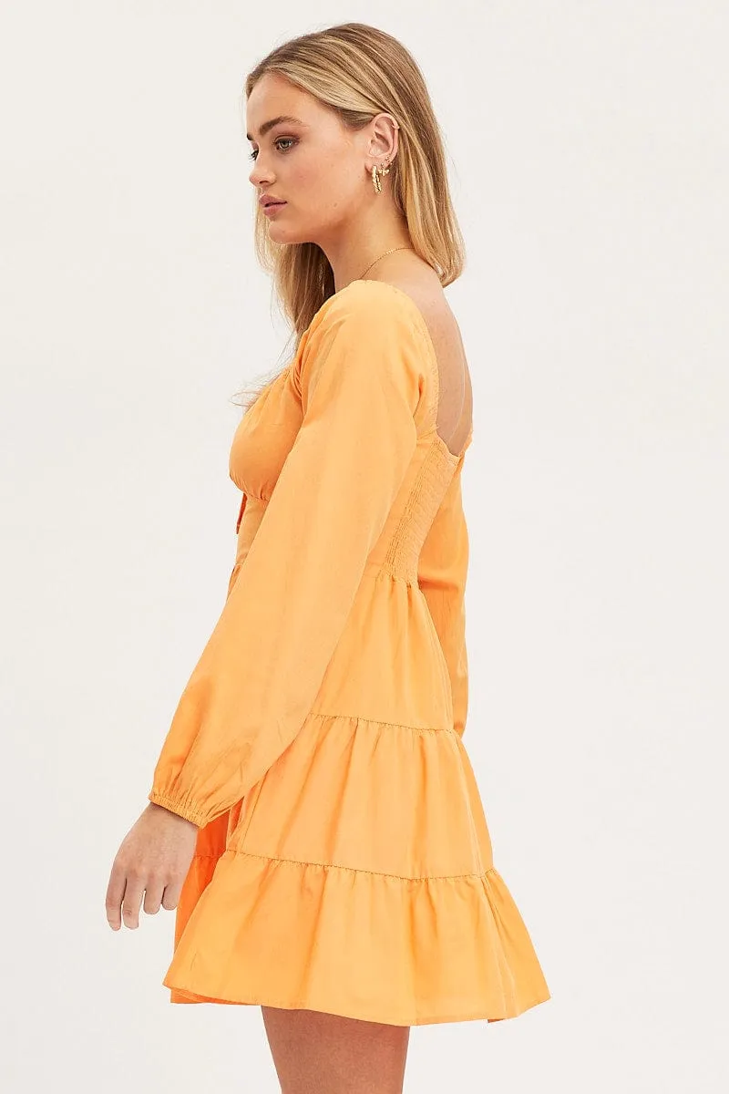 DurableCoverstitch Orange Fit And Flare Dress Long Sleeve Square Neck
