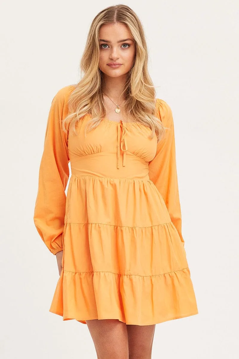 Denim style Photo Fit Orange Fit And Flare Dress Long Sleeve Square Neck