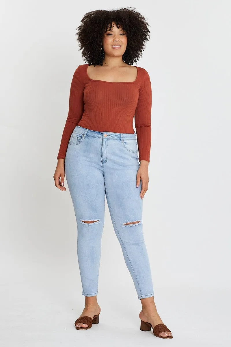 Spring Mood Brunch Outfit Formal Blue High Rise Knee Distress Denim Skinny Jeans
