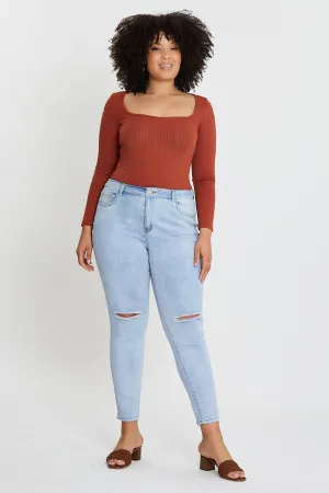 Spring Mood Brunch Outfit Formal Blue High Rise Knee Distress Denim Skinny Jeans