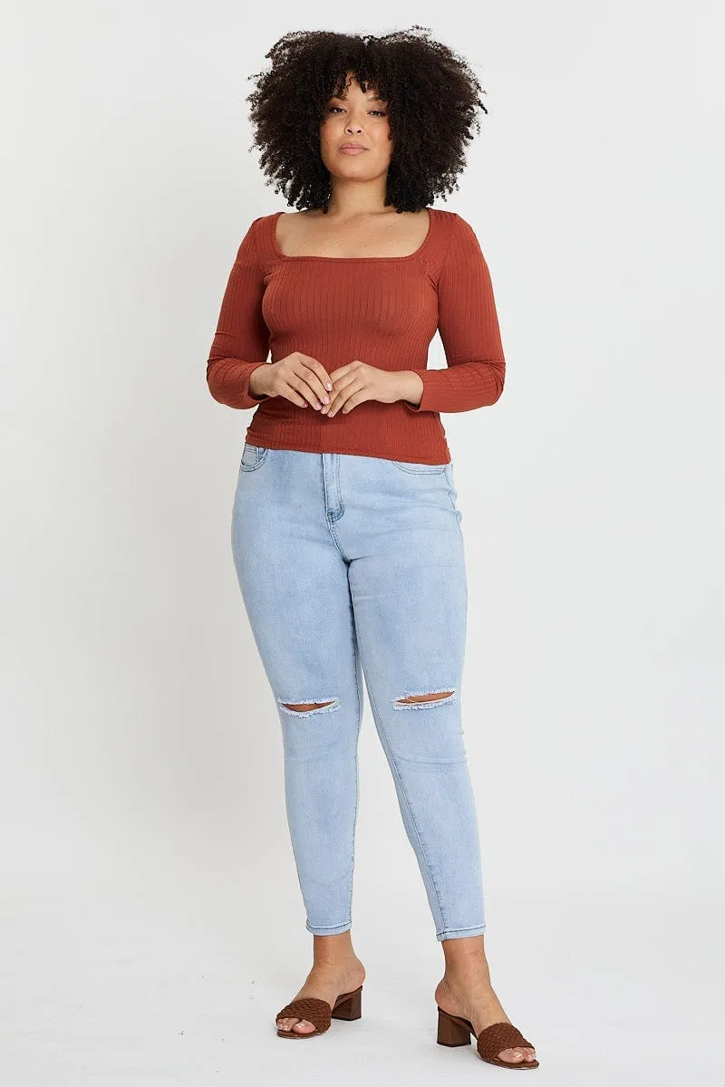 Blue High Rise Knee Distress Denim Skinny Jeans Clean Finish