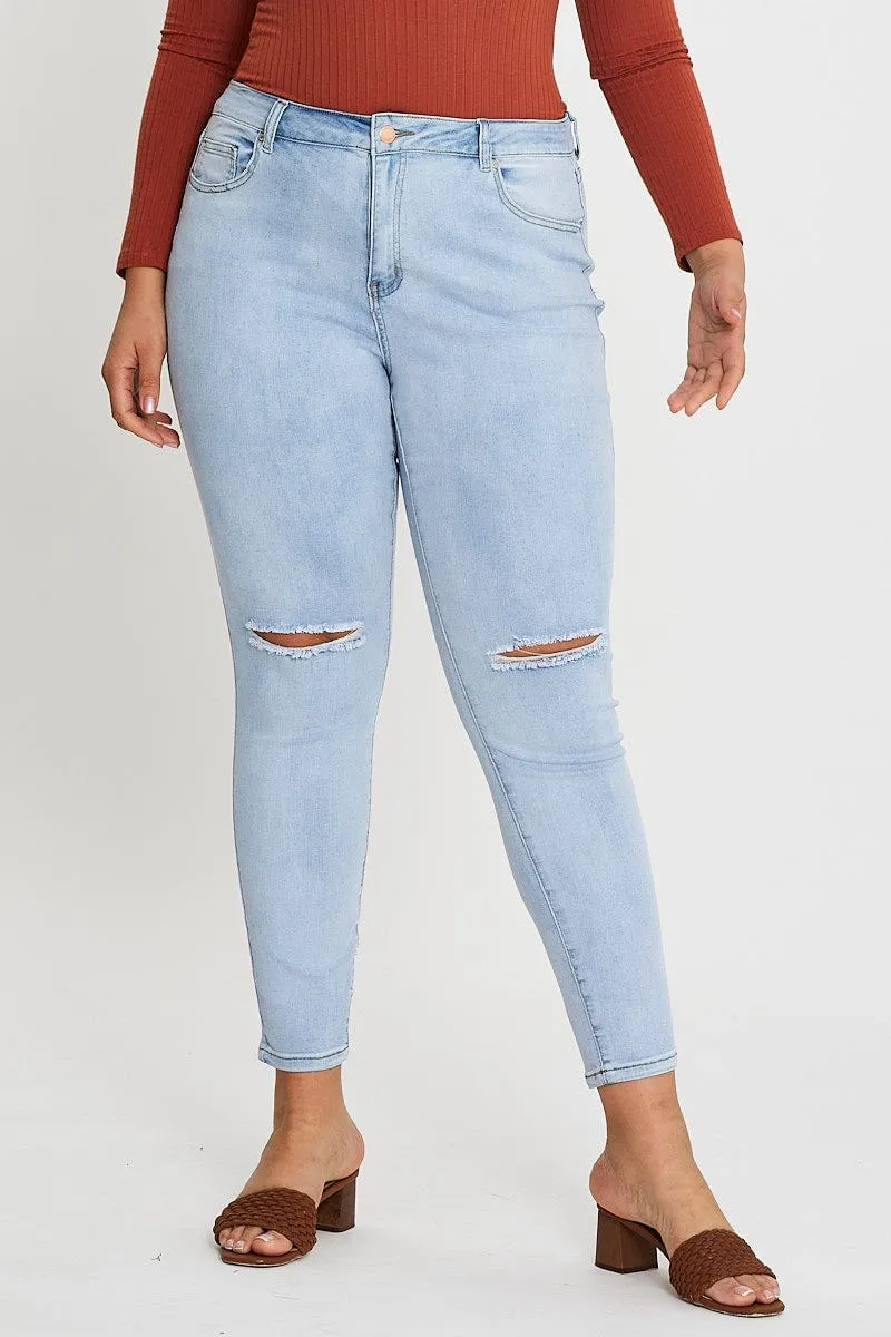 Earthy Rainy Day City Walk Blue High Rise Knee Distress Denim Skinny Jeans