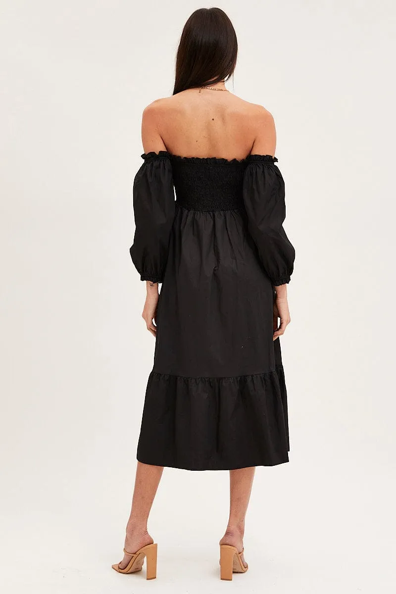 This dress is perfect for transitioning between seasons while still maintaining an elegant look Black Dress Off Shoulder Maxi