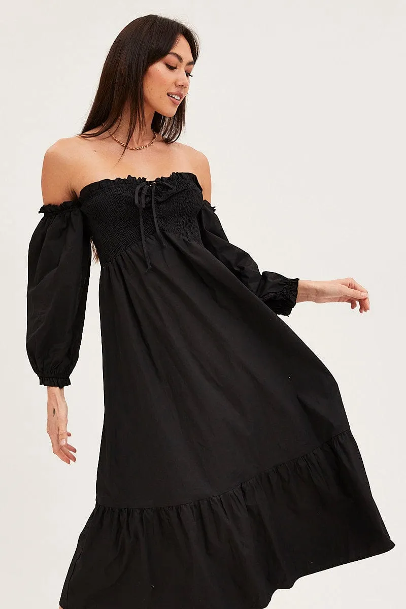 Sunrise Glow Black Dress Off Shoulder Maxi